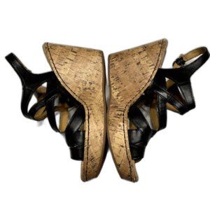 b.o.c Born Concept Black Leather Strap Cork Wedge Heel Sandals Size 9